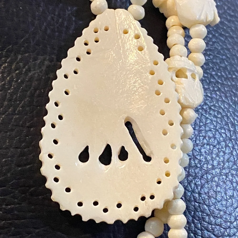 Vintage Carved Bone Pendant Off White Beaded Necklace Elephant Design Good Luck